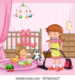 Mother Cleaning a Baby Room illustration