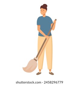 Mother cleaning with broom icon cartoon vector. Room work. House daily routine