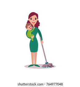 Mother cleaning the floor with baby in her arms, super mom concept vector Illustration