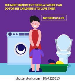 Mother is cleaning house in bathroom while she is talking of the dirty clothes