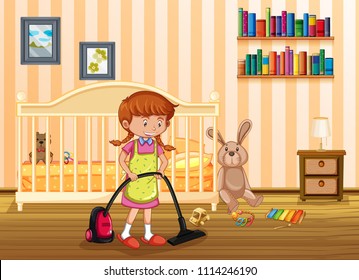 A Mother Cleaning Kid Bedroom Illustration