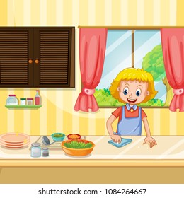 Mother Cleaning and Preparing Food in Kitchen illustration