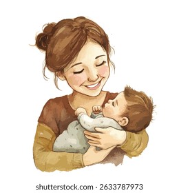 A mother with closed eyes and a gentle smile cradles a peacefully sleeping baby in her arms, showing love.