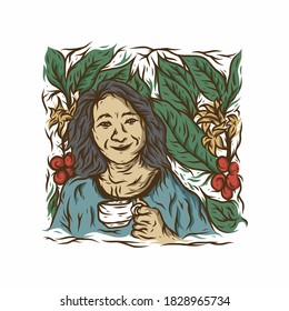 Mother in the coffee garden illustration vector template