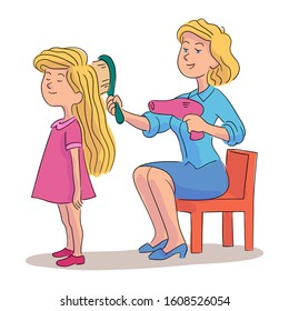 Mother combing and drying daughters hair with hairdryer and brush. Happy family isolated on white. Girls hygiene. Hairdressing and female beauty procedure. Vector flat cartoon illustration