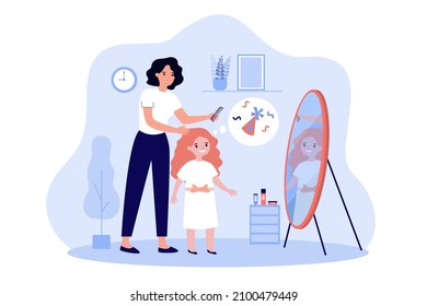 Mother combing hair of daughter in front of mirror. Happy woman preparing girl for holiday flat vector illustration. Family, celebration concept for banner, website design or landing web page