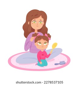 Mother combing hair of daughter vector illustration. Cartoon mom making hairstyle to little girl, happy kid holding mirror, woman and child sitting on carpet in family home living room to comb