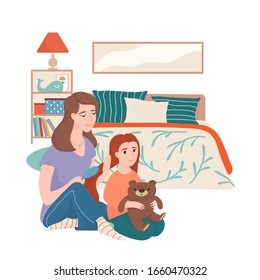 Mother combing hair of her little daughter with a brush, both sitting on the floor in bedroom with bed, shelf stand, lamp and picture on the wall, happy motherhood, flat cartoon vector illustration