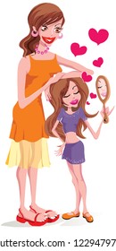 Mother combing her daughter's hair with love . Fashionable little girl looking in the mirror   