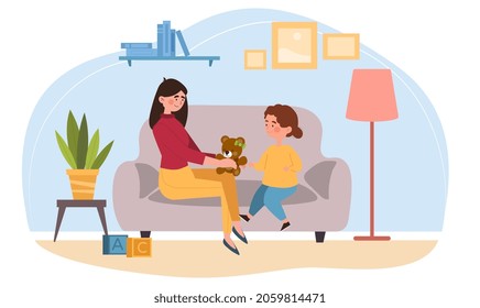 Mother comforting child. Happy family, parents play with children, stuffed toys. Mom talks to her upset daughter, support, help. Cartoon flat vector illustration isolated on white background