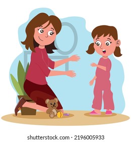Mother comforting child. Happy family, parents play with children, stuffed toys. Mom talks to her upset daughter, support, help. Cartoon flat vector illustration isolated on white background.