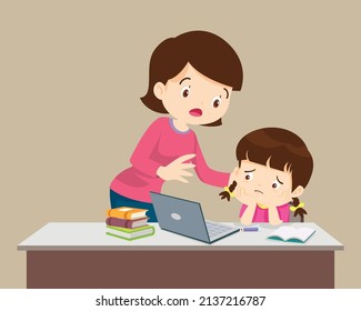 Mother Comforting daughter is tired homework. mom helping comfort school girl having difficulty with education learning at home