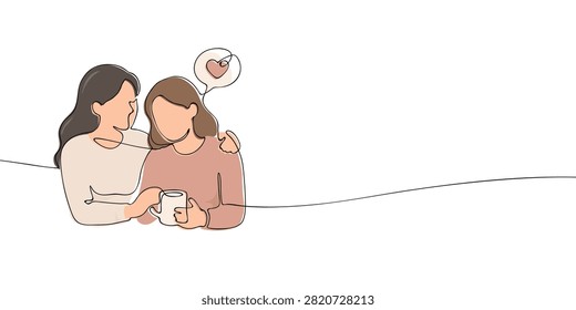 Mother comforting daughter while sharing a warm drink with heart symbol above. Continuous one line drawing illustration with copy space for family care and support.