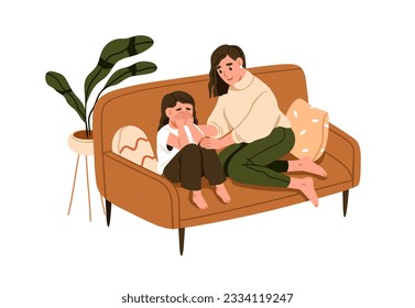 Madre reconfortando a la niña. Mamá madre hablando con un niño llorando triste, apoyando a su hija en problemas. Comunicación familiar, relación de apoyo. Ilustración vectorial plana aislada en fondo blanco