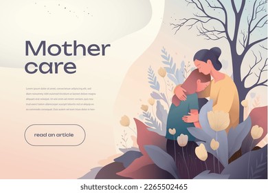 la madre reconforta a su hija en un campo de flores banner de ilustración, web, UI UX, artículo, arte, otoño, emociones, llanto, triste, chica y mujer, apoyo 