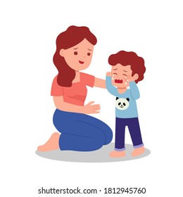 Madre consolando a su hijo llorando. Padre con hijos. Imagen de clip para padres. Vector plano aislado en fondo blanco