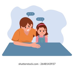 mother comforting little daughter who is sad, vector illustration.