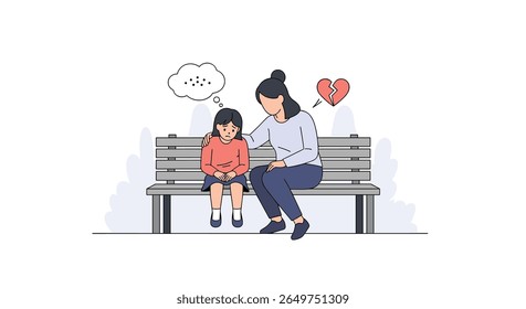 Mother comforting sad crying child daughter sitting on a park bench after argument or problem