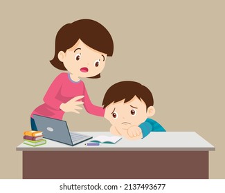 Mother Comforting son.famly and child boy  bored of studying in front of the laptop