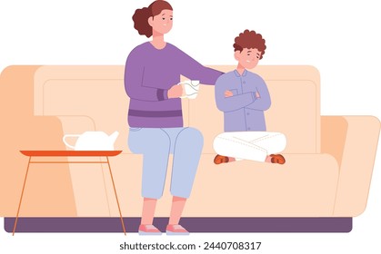 Mother comforting upset son on couch. Parenthood concept isolated on white background