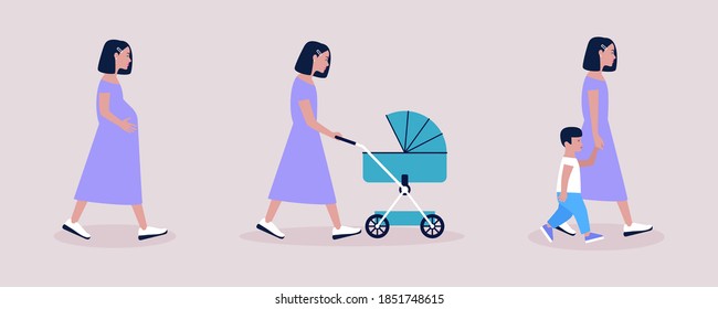 Mother concept. Illustration of pregnant woman, walking woman with a stroller, mother with son. Colorful flat vector illustration.