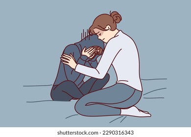 Mother consoles crying daughter who is depressed due to peer problems or poor school performance. Caring woman hugging and consoles crying girl after argument or house arrest related to bad behavior