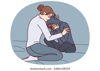 Mother consoles crying daughter who is depressed due to peer problems or poor school performance. Caring woman hugging and consoles crying girl after argument or house arrest related to bad behavior