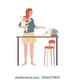 Mother Cooking with Baby in Her Arms. A mother multitasking in the kitchen, preparing food while holding her baby