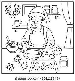 mãe cozinhando biscoitos de natal na cozinha com chapéu de santa e massa de biscoito. ilustração de página colorida para crianças e adolescentes para preencher a temporada de natal