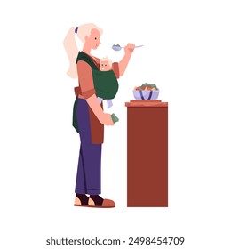 Madre cocinando y comiendo mientras carga a su bebé en cabestrillo. Ilustración vectorial de una mujer de pie junto a la mesa, preparando la comida con un bebé sonriente en un abrigo verde del portador del bebé aislado en blanco