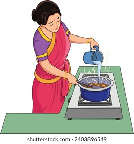 Mother cooking food on gas vector illustration