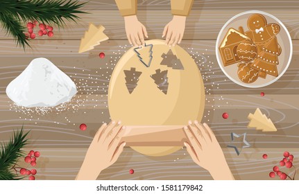 Mother cooking with her children gingerbread cookies. Making forms on dough. Orange slices decorations. Wooden background. Christmas kitchen vector