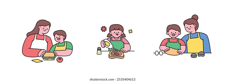 Uma mãe está cozinhando com seus filhos bonitos. esboce uma ilustração vetorial simples.