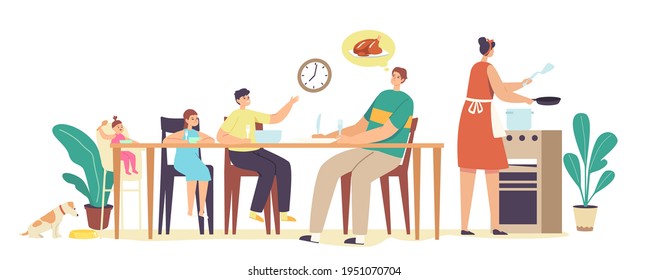 Mother Cooking for Hungry Family. Father and Kids Having Dinner Around Table with Food. People Eating Meal and Talking Together, Cheerful Characters Group During Lunch. Cartoon Vector Illustration