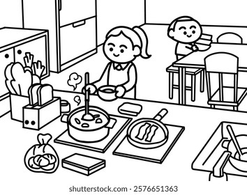 Mother cooking for kid coloring pages style.