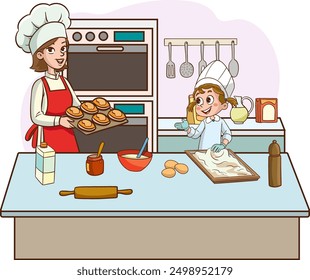 Mother cooking with son in apron in kitchen flat vector illustration. Child and woman preparing meal together.