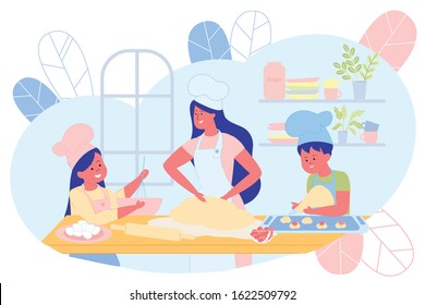 Mother Cooking Together with Children in Kitchen Flat Cartoon Vector Illustration. Daughter and Son Helping Mom, Girl Mixing in Bowl, Boy Forming Cookies. Woman Knead Dough. Kitchen Interior.