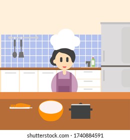 La madre cocina. Ilustración vectorial de una madre cocinando en la cocina. | Cocina de ilustración de mamá