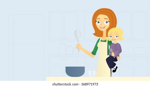 Mother cooking with young child