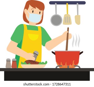 Mother cookinig at kitchen illustration