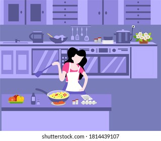 mother cooks in the kitchen. work at home. flat vector design illustration