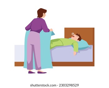 Mother covers her sleeping son with blanket, flat vector illustration isolated on white background. Bedtime scene with sleeping child in bed and mother.