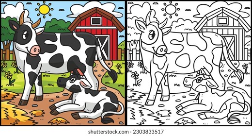 Mother Cow and Calf Coloring Page Illustration