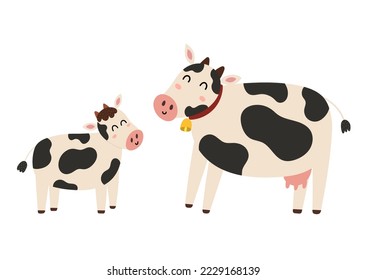 Mother cow with her baby calf. Cute farm animal characters - mom and her child. Mother Day print for kids. Vector illustration