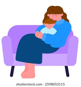 mother cradling baby in her arms while sitting on a soft sofa, maternal love and bonding flat vector illustration