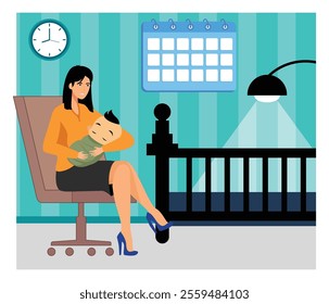 Mother cradling her baby in a nursery, featuring a crib, chair, and modern decor. The atmosphere is peaceful and nurturing, depicting maternal care and affection. Flat vector modern illustration 