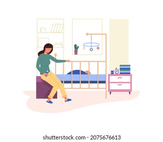 Mother at crib. Sleepy mom with newborn baby of night, vector illustration isolated on white background