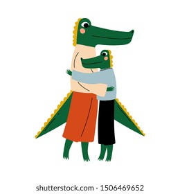 Mother Crocodile Hugging her Kid, Loving Parent Animal and Adorable Child Humanized Characters Vector Illustration