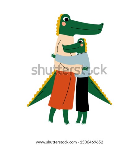 Mother Crocodile Hugging her Kid, Loving Parent Animal and Adorable Child Humanized Characters Vector Illustration