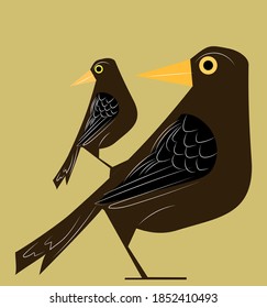 Mother crows with her son vector illustration. Dark bird and  brown background.Vintage illustration.